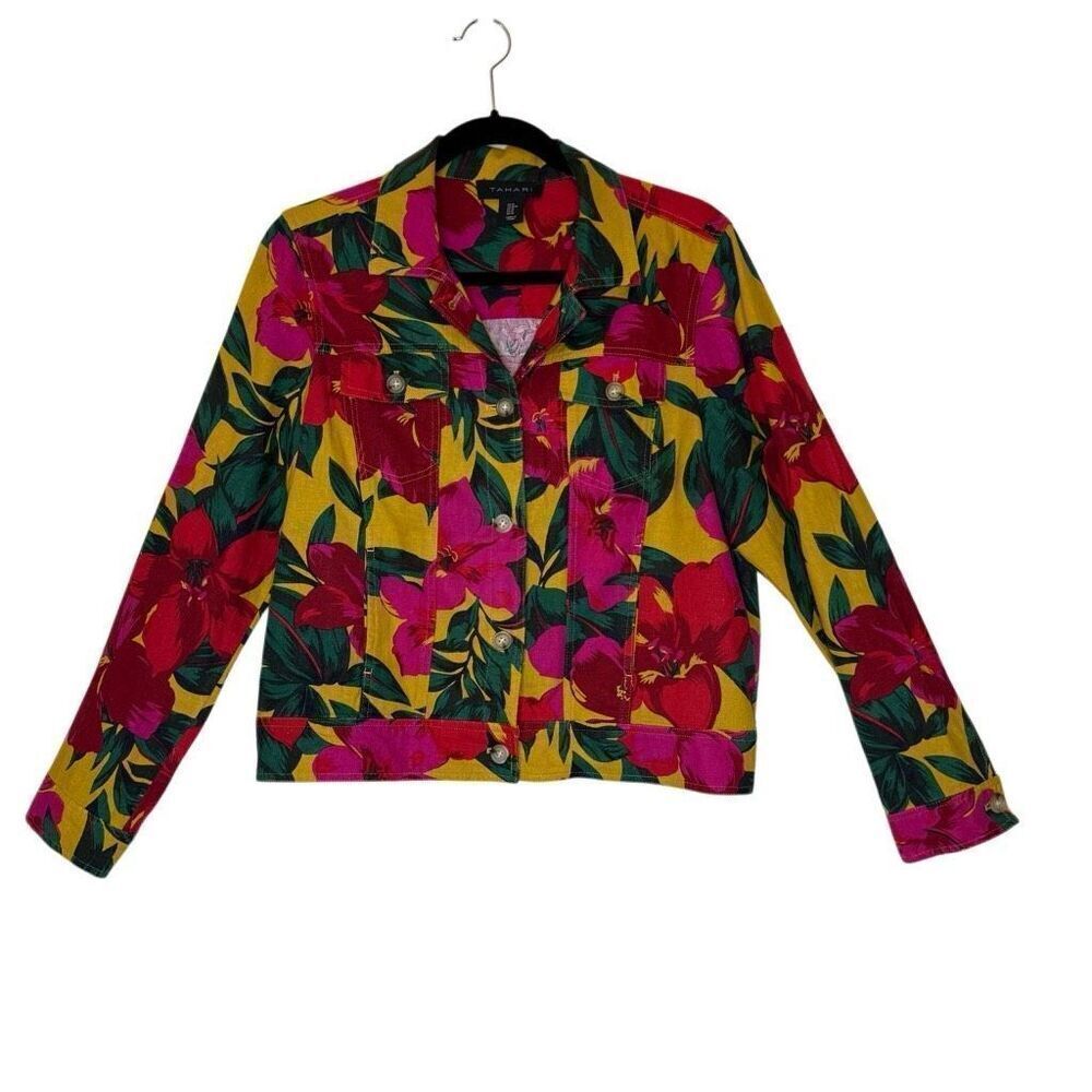 Tahari Linen Blend Floral Trucker Jacket Sz M Vintage, Artsy, Tomato Girl